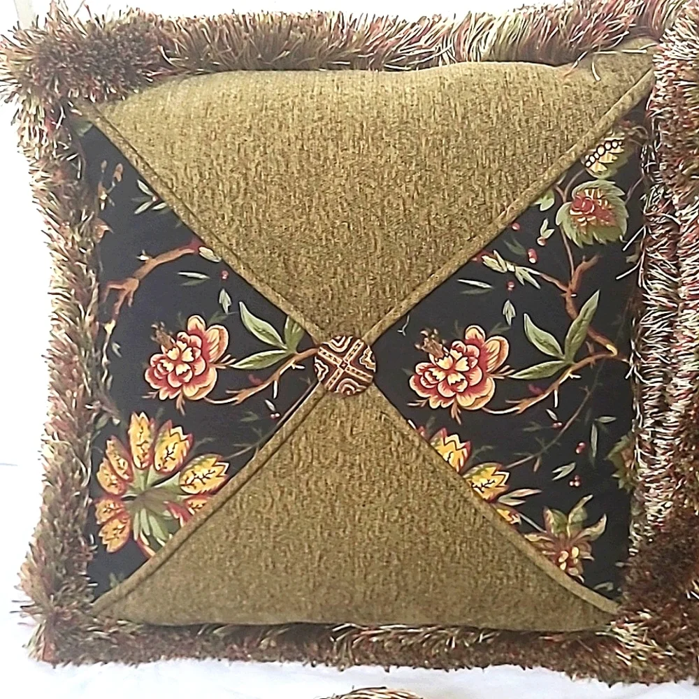 3 Matching Accent Throw Pillows Fringed Black w Floral Print 17